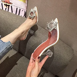 DEleventh Shoes Woman Fashion PVC Clear Trendy Metal Sun Flower Heels Sandals Slipper Wine Glass High Heels Shoes Three Colors