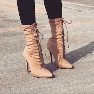 101871 New arrival high heels  pointed toe lace up boots for women