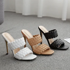 101216DEleventh Woman Shoes New PU Leather Solid Weave Plaid High Heels Sandals Square Toe Stilettos Heels Slippers Black