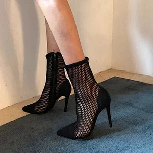 DEleventh Shoes Woman British Style Hot Selling 2020 Mesh Pointy Toe Ankle Boots Zipper Stiletto High Heels Formal Shoes Black