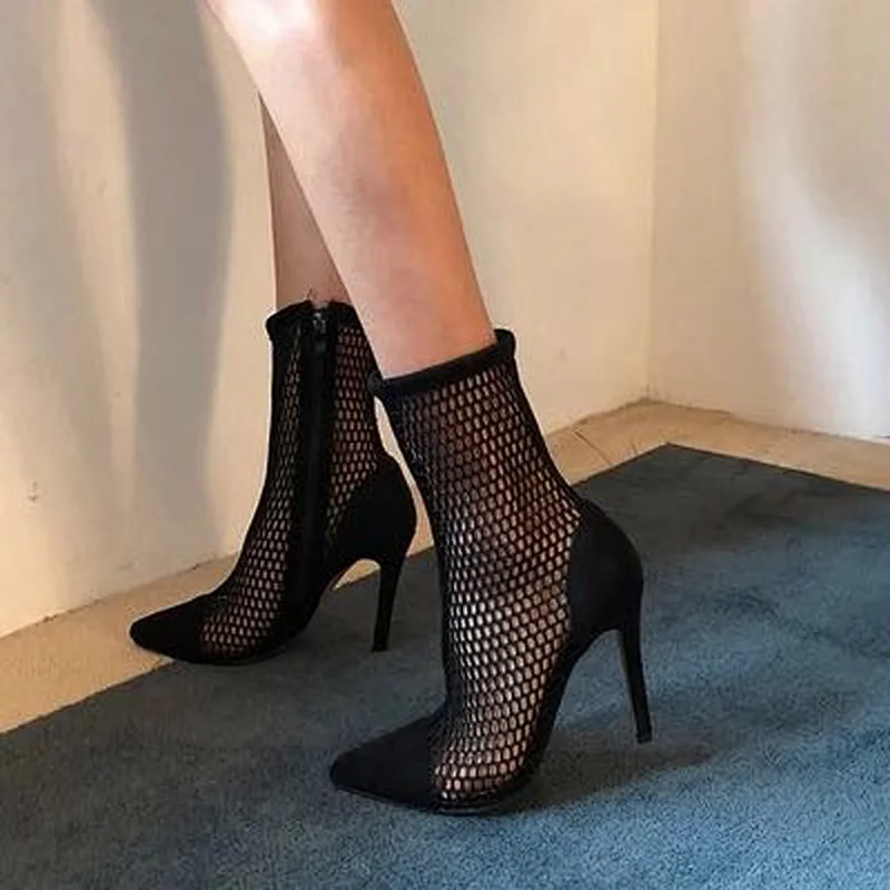 DEleventh Shoes Woman British Style Hot Selling 2020 Mesh Pointy Toe Ankle Boots Zipper Stiletto High Heels Formal Shoes Black