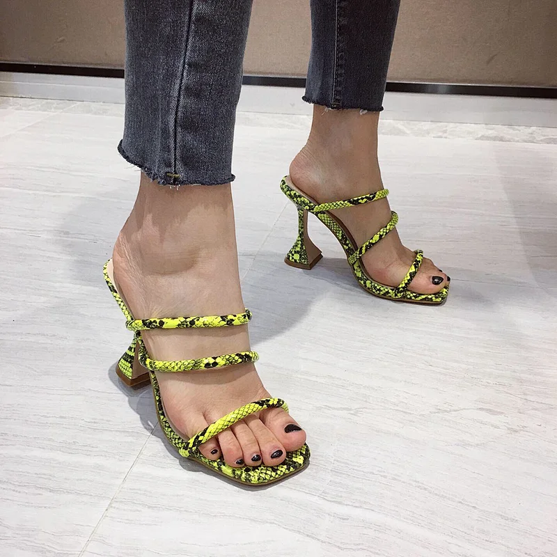 DEleventh Shoes Woman Sexy Snakeskin PU Leather Fashion Sandals Slipper Wine Glass High Heels Ladies Shoes Beige Green In Stock