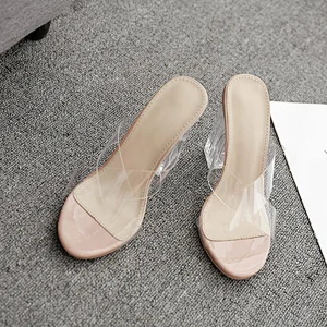 101848 DEleventh Shoes Woman Crystal Heels Slippers Sandals Hot Selling PVC Clear Cross Band Coarser Heels Party Shoes Beige