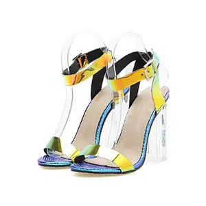 101385 Deleventh Shoes Woman New Design PVC Colour Peep-Toe  Rome Crystal Heels Party Shoes Stiletto High Heels Sandals Plus