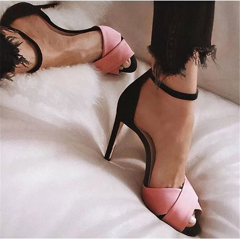 Deleventh Shoes Woman 2020 Fresh Design Suede Splicing Peep-Toe Sandals Stiletto High Heels Formal Shoes Pink In Stock Wholesale