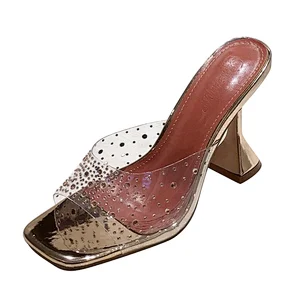 DEleventh Shoes Woman Elegant Rhinestone PVC Clear Heel Slipper Sandals Square Open Toe Wine Glass High Heels Shoes Three Colors