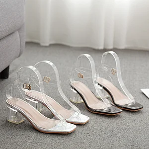 100729 DEleventh Shoes Woman Fashion PVC Clear Heels Sandals Sexy Ladies Dress Shoes Square Open Toe Coarser Heel Shoes