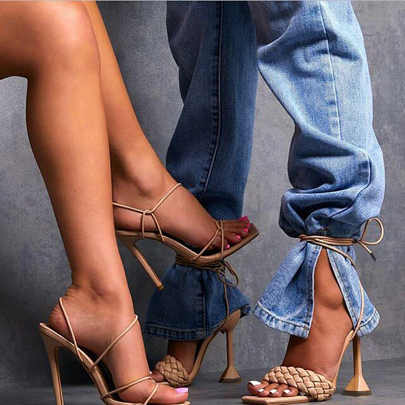 100951DEleventh Shoes Woman Fashion Wine Glass High Heels Shoes Square Toe Ankle Lace Strap Up Heels For Formals Sandals