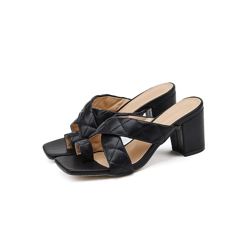 101215 DEleventh Woma  Shoes Slip-On  Open Toe Heel  Coarser Medium Heels Slipper  Summer New  PU leather Fashion Sandals Black
