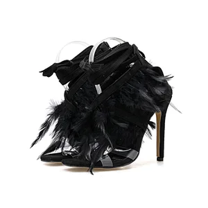 DEleventh Shoes Woman Sexy Cross Strap Feather PVC Clear Stiletto Heels Sandals Summer Square Open Toe Ladies Dress Shoes Black