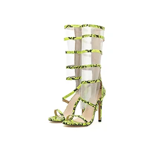 DEleventh Shoes Woman Wholesale In Stock Snakeskin PU Leather New Fashion Heel Sandal Rome Stiletto High Heels Shoes Black Green