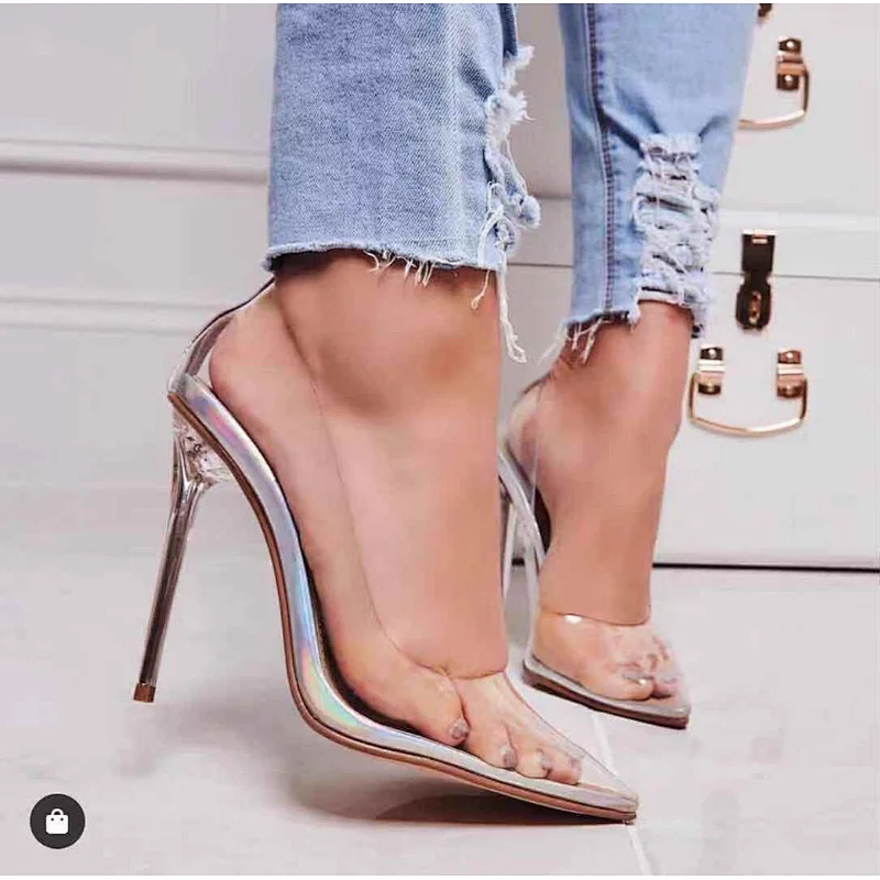101868  Fashion brand pumps crystal women's shoes stilettos transparent heel high heels pointed shoes silver beige size