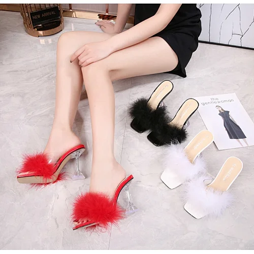 SN9720-12 Ladies Feather Slippers Sandals High Heels Pumps Sexy Women Square Peep Toe Slippers Party Shoes