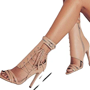 DEleventh Shoes Woman Sexy Strappy Stiletto High Heels Wedding Sandal Summer New Designer Shoes PU Leather Peep-Toe Beige Black