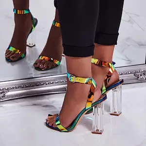 101385 Deleventh Shoes Woman New Design PVC Colour Peep-Toe  Rome Crystal Heels Party Shoes Stiletto High Heels Sandals Plus