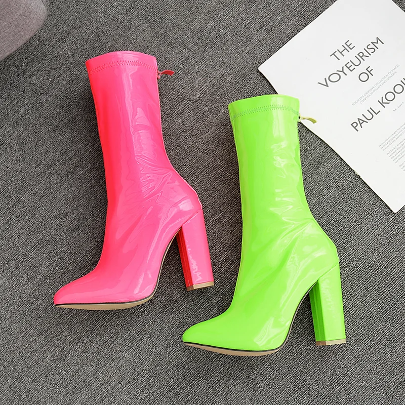101062 DEleventh Shoes Woman New Style Shoes Patent Leather Candy Color Fashion Boots Pointy Toe Coarser High Heels Shoes