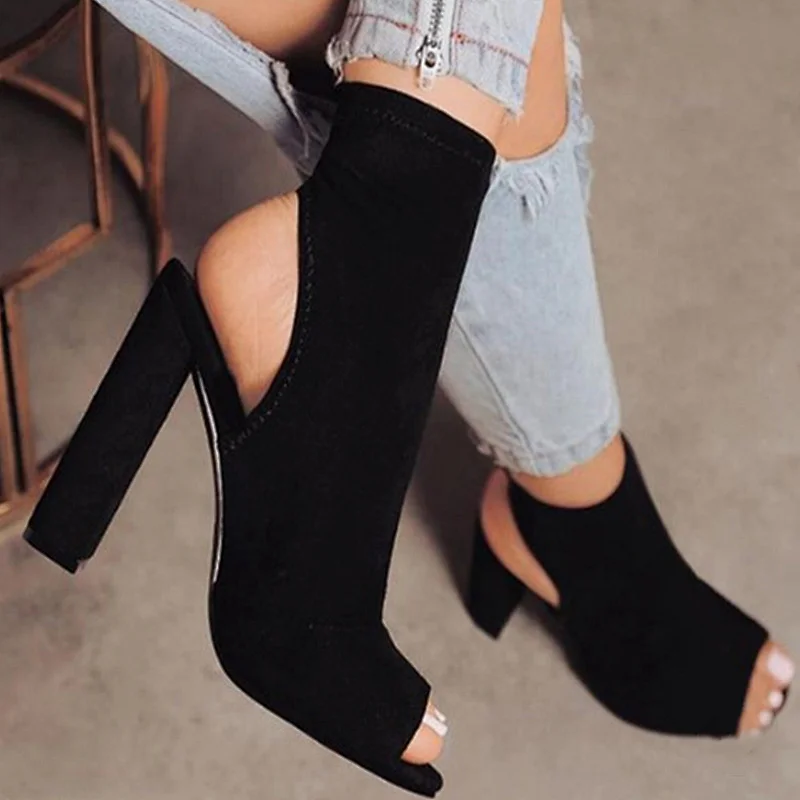 DEleventh Shoes Woman Ankle Pumps Hot Selling Slip-On Peep-Toe Faux Suede Coarser High Heels Formal Shoes In Stock Summer Black