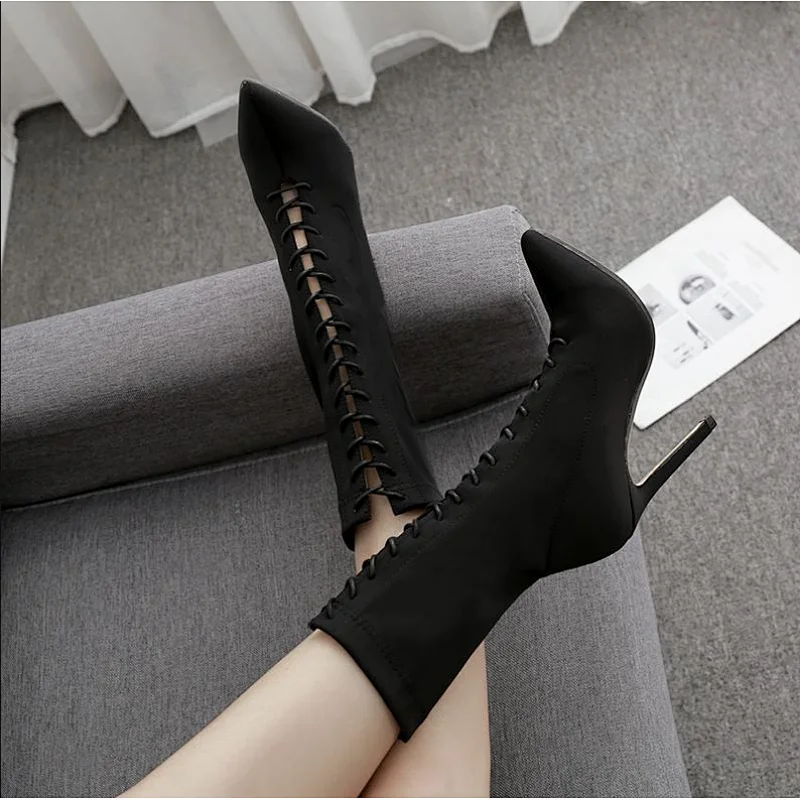 101871 New arrival high heels  pointed toe lace up boots for women