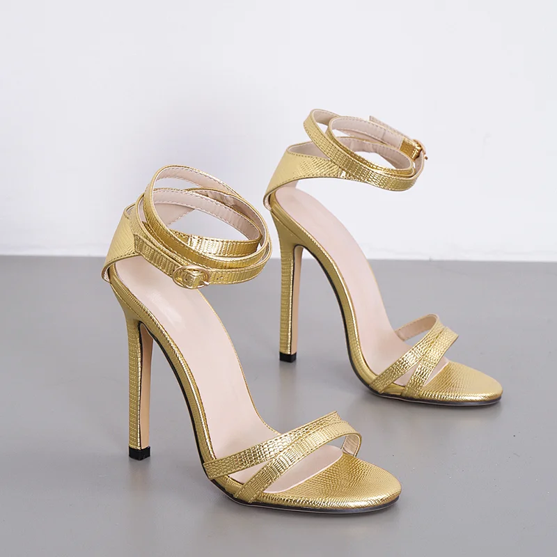 101124 DEleventh Shoes Woman Wedding Shoes Sexy PU Leather Gold Snakeskin Plaid Peep-Toe Stiletto High Heels Party Sandals