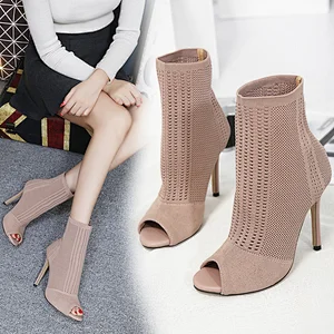 BLE866-58 2020 Hot Sale Latest High Heels Shoes New Design Thin Heel Peep Toe Sandals Fashion Boots Black Apricot Army Green