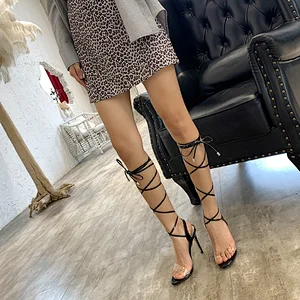 DEleventh Shoes Woman Summer Sexy PVC Clear Peep-Toe Sandals Ankle Crossed Tied Stiletto High Heels Party Sandals Beige Black