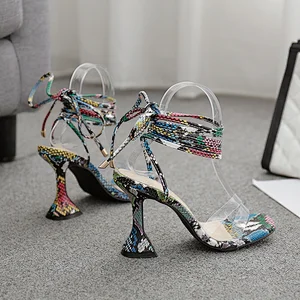DEleventh Shoes Woman Sexy Color Snakeskin Ankle Crossed Tied PU Leather Sandals Square Toe  Wine Glass High Heel Fashion Shoes