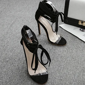 DEleventh Shoes Woman Ankle Crossed Tied Sexy Stilettos Heels Sandals Ladies New Fashion PVC Clear Formal High Heels Shoes Black