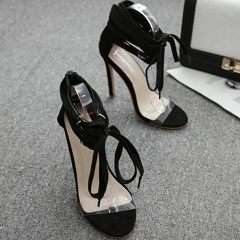 DEleventh Shoes Woman Ankle Crossed Tied Sexy Stilettos Heels Sandals Ladies New Fashion PVC Clear Formal High Heels Shoes Black