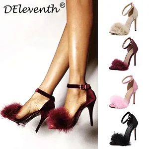 In stock Feather detial  high heels shoes women open toe sandals ladies footwear Bridal Shoes black red pink apricot size 43