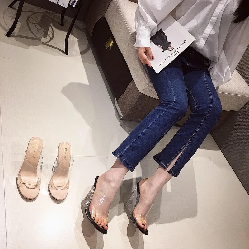 DEleventh Shoes Woman In Stock Wholesale Sexy PVC Clear Peep Toe Heel Sandals Slipper Crystal Wedge High Heels Shoes Black Beige
