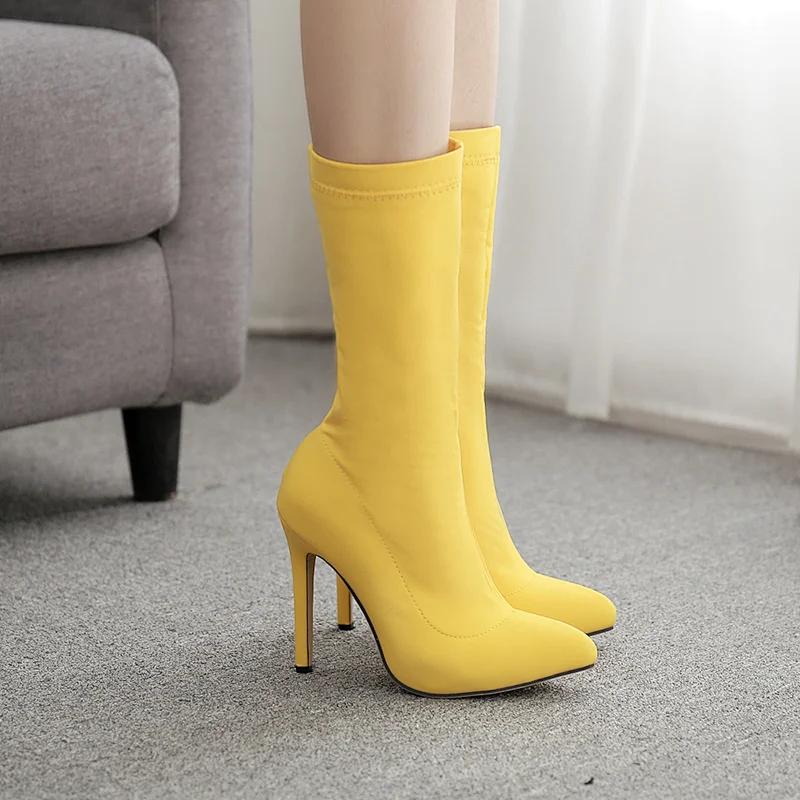 DEleventh Shoes Woman New Arrivals 2020Stretch Fabric Jelly Short Boots Pointy Toe Stiletto High Heels Party Shoes Blue Yellow