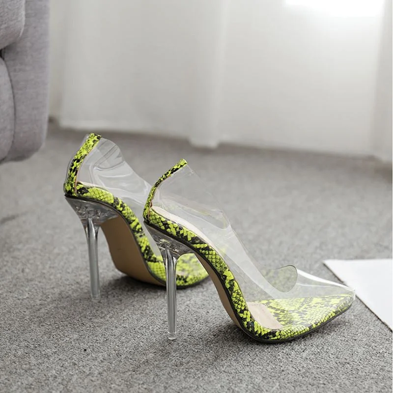 FD007-5 Crystal Heel Stiletto Sandal Women New Fashion Shoes PVC Clear Pointed Shoes Green Color
