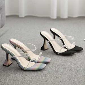 New Fashion Sandals 2020 Women Open Toe Rhinestone Sandals Women Pumps Slip-On High Heels Slippers Rainbow Black Shoes
