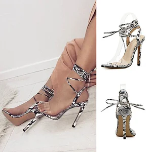 101855DEleventh Shoes Woman 2020 Sexy Fashion Snakeskin Ankle Crossed Tied Peep-Toe Ladies Sandal Stiletto Heels Formal Shoes