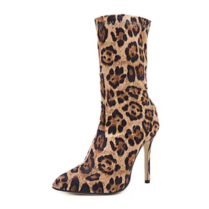 DEleventh Shoes Woman Sexy Leopard Stretch Fabric Pointy Toe Ankle Boots New Stiletto High Heels Formal Shoes In Stock Wholesale