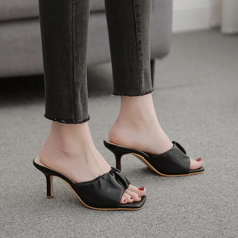 DEleventh Shoes Woman Hot Selling Party Shoes New PU Leather Fashion Sandals Square Toe Stiletto  High Heels Slipper  Black Grey