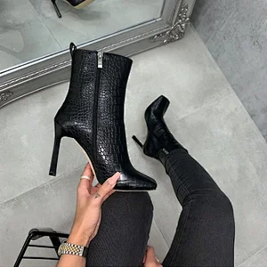 DEleventh Shoes Woman Punk  Style Boots PU Leather Plaid New Square Toe Side Zipper Stiletto High Heels Formal Shoes Black Brown