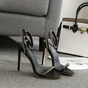 DEleventh Shoes Woman Metal Chains PU Leather Fashion High Sandals New Arrivals 2020 Stiletto Heels Shoes Black White In Stock