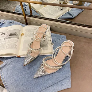 101574  DEleventh Shoes Woman Luxurious Pearls Rhinestones Model Show Shoes Pointy Toe PVC Clear Stiletto High Heels Party