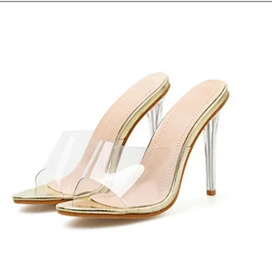 DEleventh Shoes Woman Sexy Transparent PVC Open Toe Slip-On Crystal Heels Sandals Stiletto High Heels Party Shoes Silver Gold