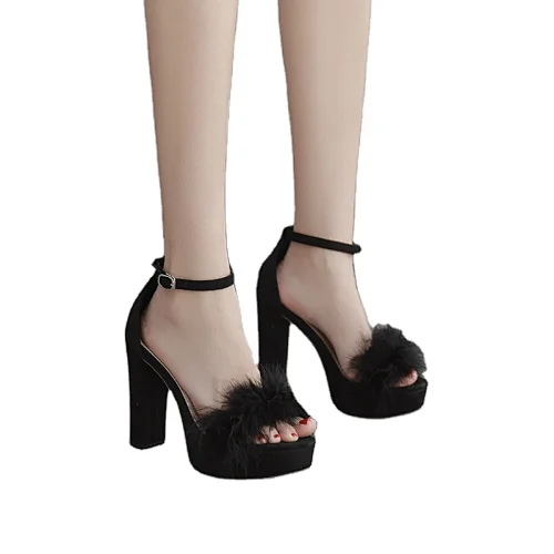 ISEEYOUFIRST Shoes Woman Hot Selling 2020 Fashion Runway Show Feather Waterproof Platform Peep Toe Heels Sandals Coarser Heels