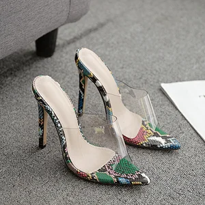 101338 DEleventh Shoes Woman Slippers Elegant PVC Clear Snakeskin Pointy Toe Slip-On Stiletto High Heels Party Sandals Plus