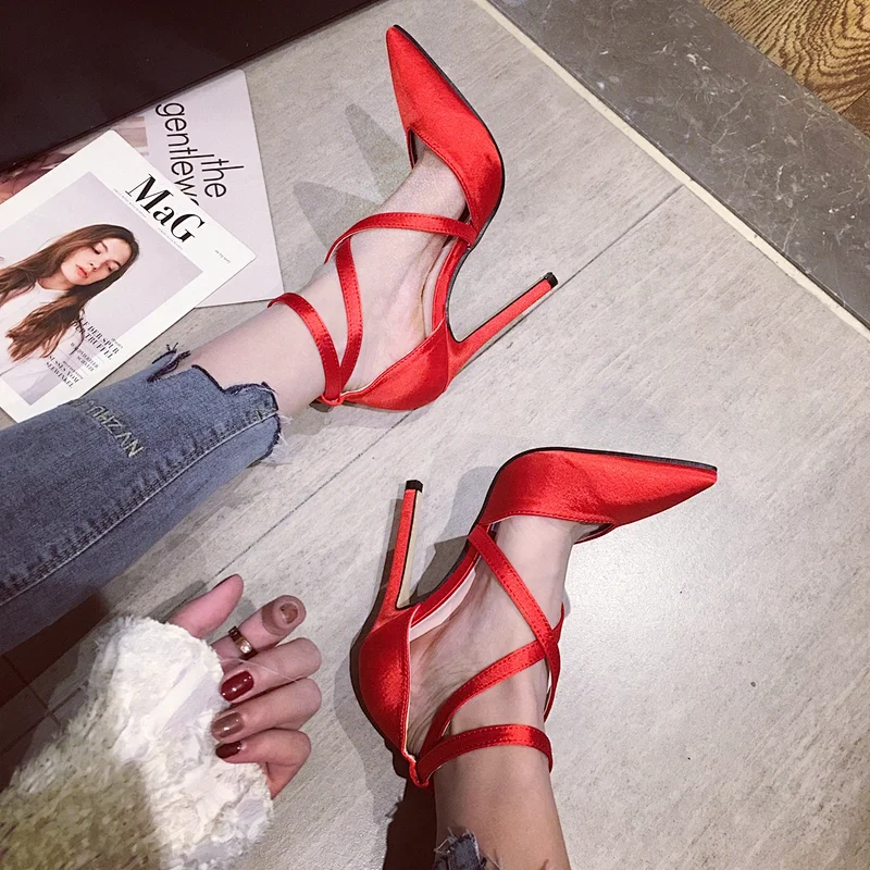 DEleventh Shoes Woman New Style Shoes Summer Sexy Pointy Toe Silk Cross-Strap Stiletto High Heels Formal Pumps Red Pink Black