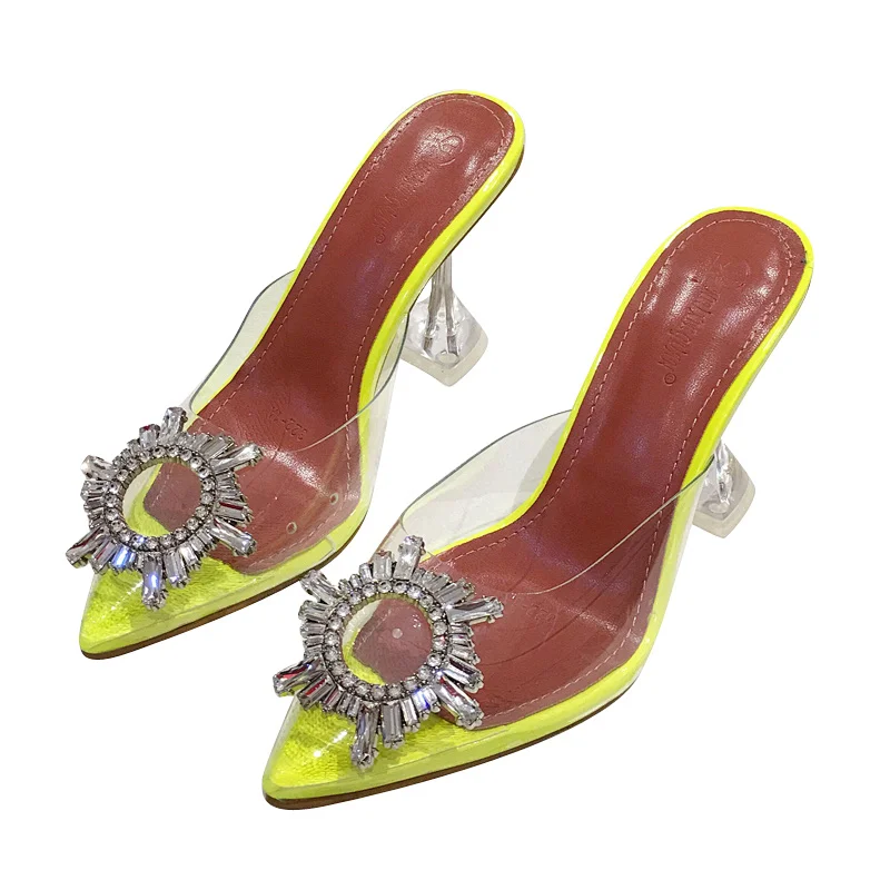DEleventh Shoes Woman Fashion PVC Clear Trendy Metal Sun Flower Heels Sandals Slipper Wine Glass High Heels Shoes Three Colors