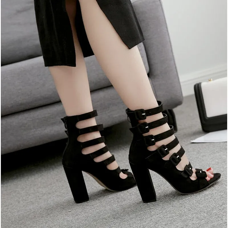 DEleventh Shoes Woman New Style Banquet Shoes Strap Buckle Peep-Toe High Heels Sandals Rome Coarser Heel Shoes Black Pink Summer