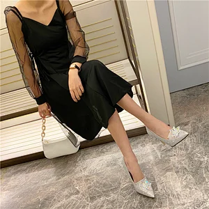 DEleventh Shoes Woman Model Show Pumps 2020 Sexy Rhinestone Crystal Flowers Pointy Toe Stiletto High Heels Wedding Shoes Silver