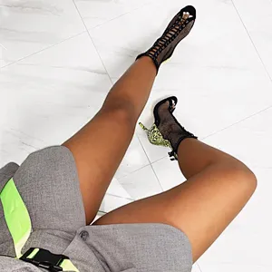 DEleventh Woman Shoes New Fashion Mesh Peep Toe Crossed Tied Snakeskin Pumps Stiletto High Heels Ladie Party Shoes Green Orange