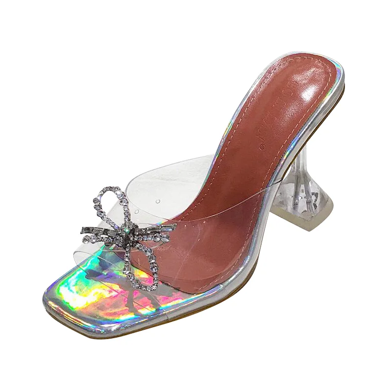 DEleventh Shoes Woman Hot Selling PVC Clear Bowknot Rhinestone High Heel Sandals Slipper Square Toe Wine Glass High Heels Shoes
