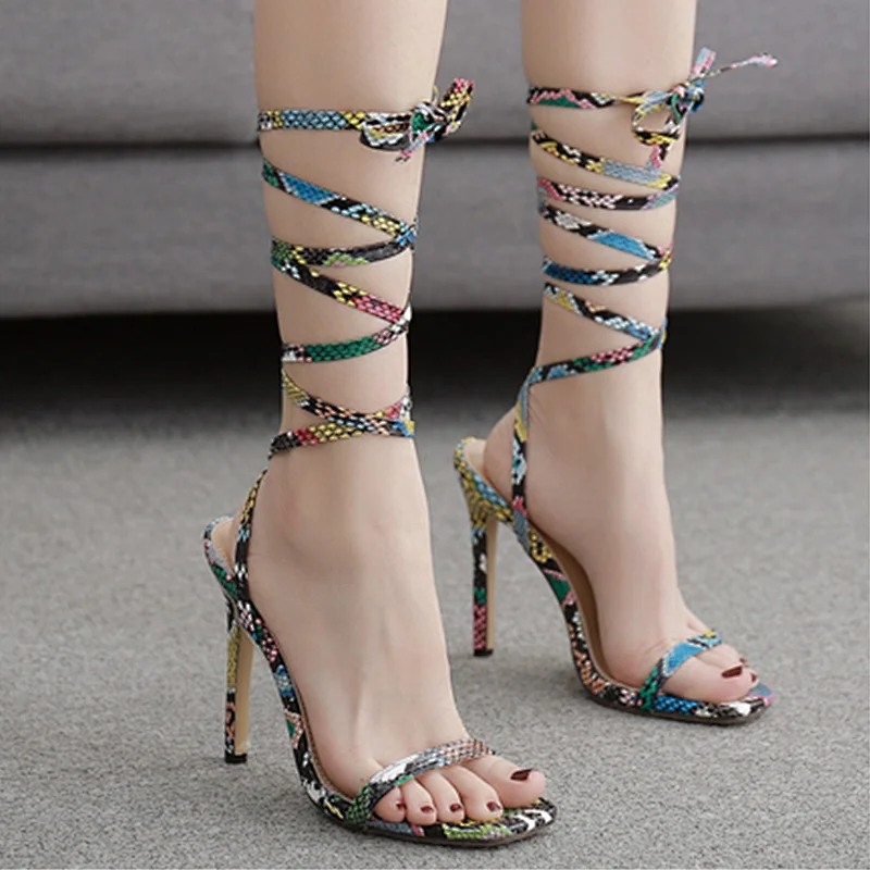 DEleventh Woman Shoes Hot Selling Colour Snakeskin PU Leather Fashion Sandals Ankle Crossed Tied Stilettos High Heel Party Shoes