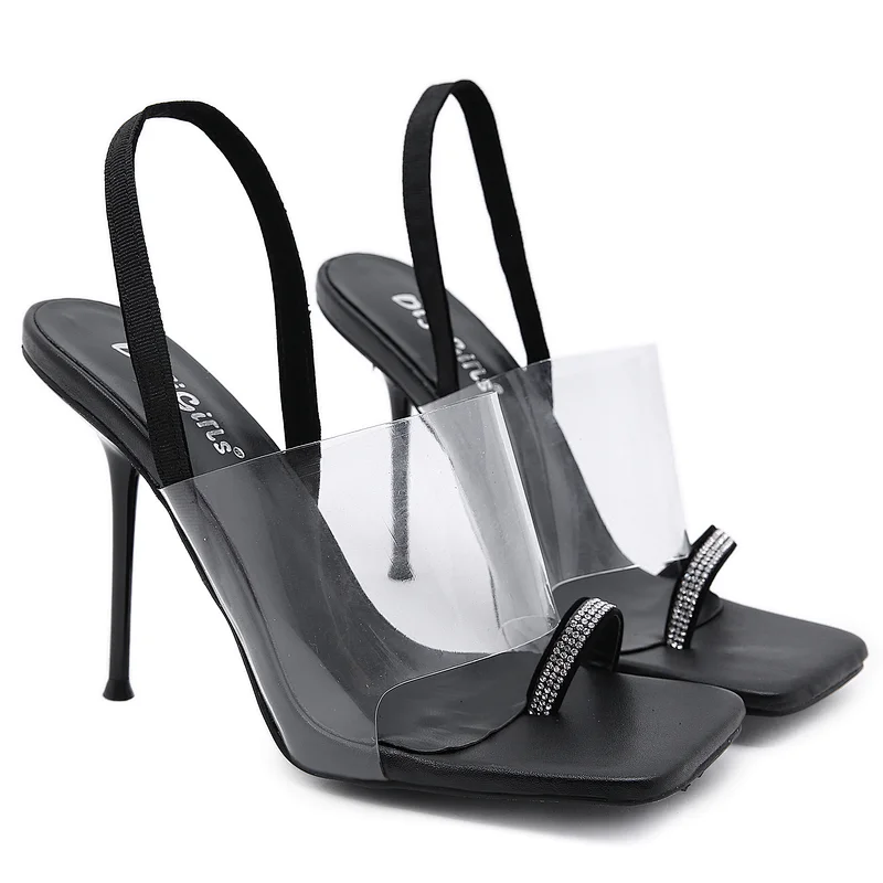 DEleventh Shoes Woman New Design Brand PVC Clear Rhinestone Heels Sandal Peep-Toe Square Toe Stiletto Heel Shoes Plus Size Black